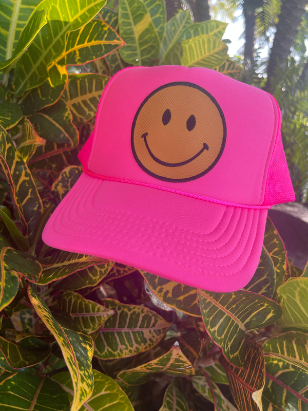 Neon Smiley Trucker Hat - Pink